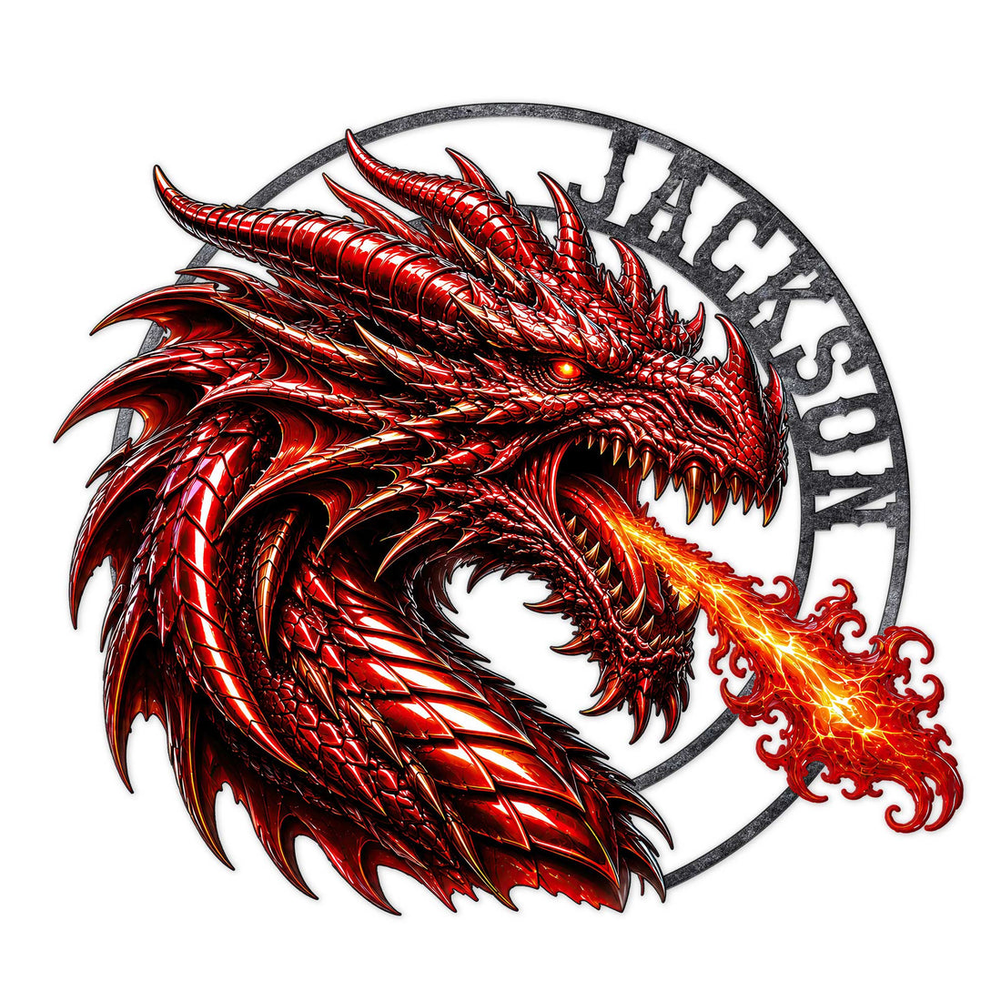 Red fire-breathing dragon metal sign with intricate scales, wings, horns, and circular fantasy design