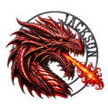 Red fire-breathing dragon metal sign with intricate scales, wings, horns, and circular fantasy design