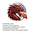 Dragon metal sign feature graphic highlighting the fire-breathing artwork and cut-metal sign presentation