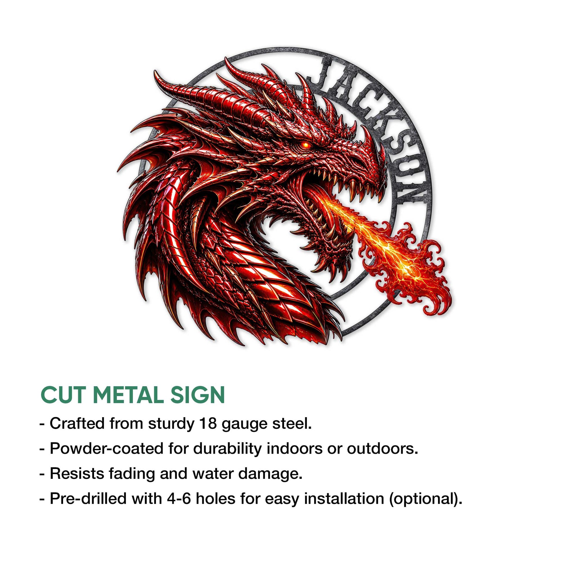 Dragon metal sign feature graphic highlighting the fire-breathing artwork and cut-metal sign presentation