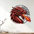 Red fantasy dragon wall sign displayed on white paneling as dramatic home decor