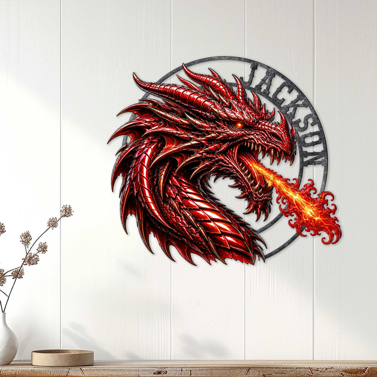 Red fantasy dragon wall sign displayed on white paneling as dramatic home decor