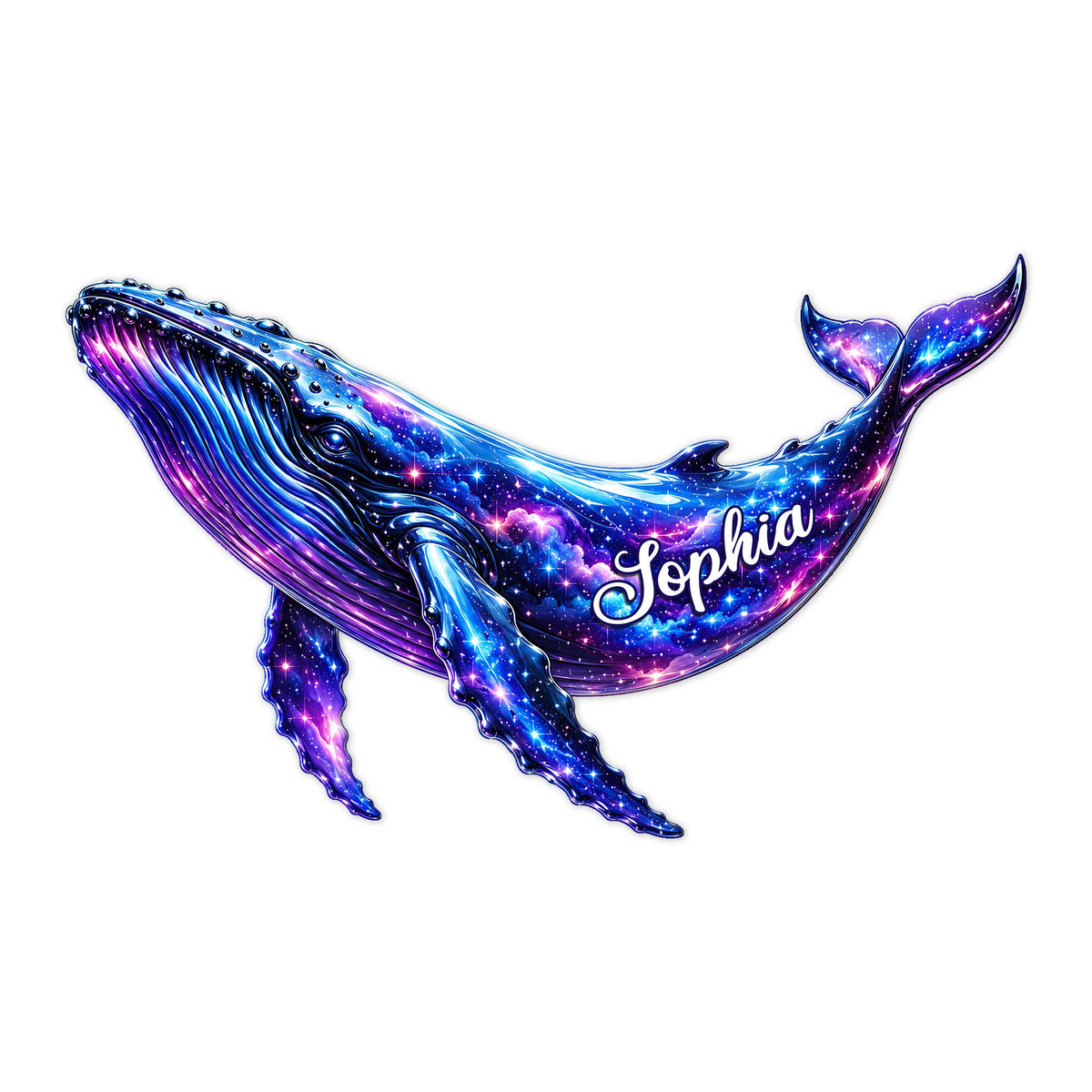 Cosmic whale metal sign featuring a vibrant blue and purple galaxy design with sparkling stars