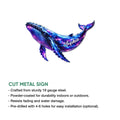 Galaxy whale cut metal sign shown in a product feature infographic with a colorful ocean-inspired design