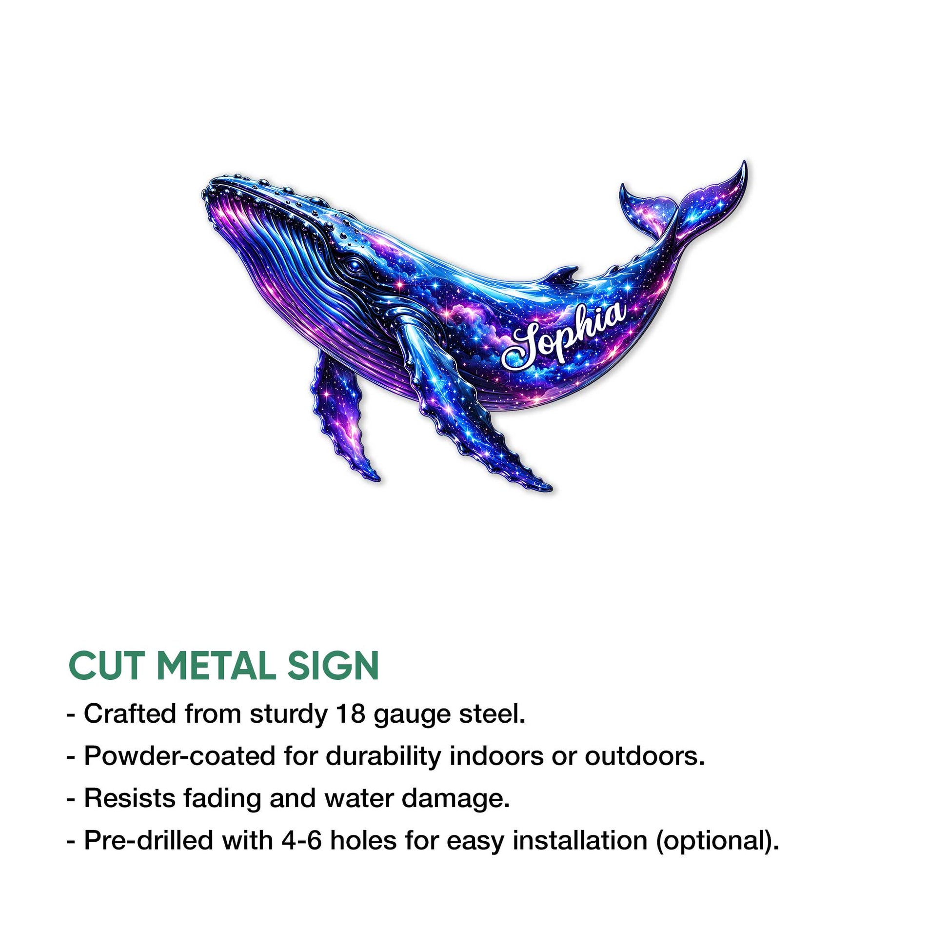 Galaxy whale cut metal sign shown in a product feature infographic with a colorful ocean-inspired design