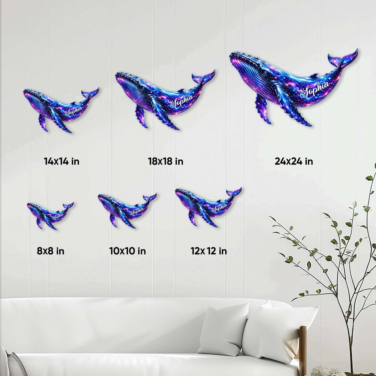 Galaxy whale metal sign size guide showing several available dimensions displayed on a home accent wall