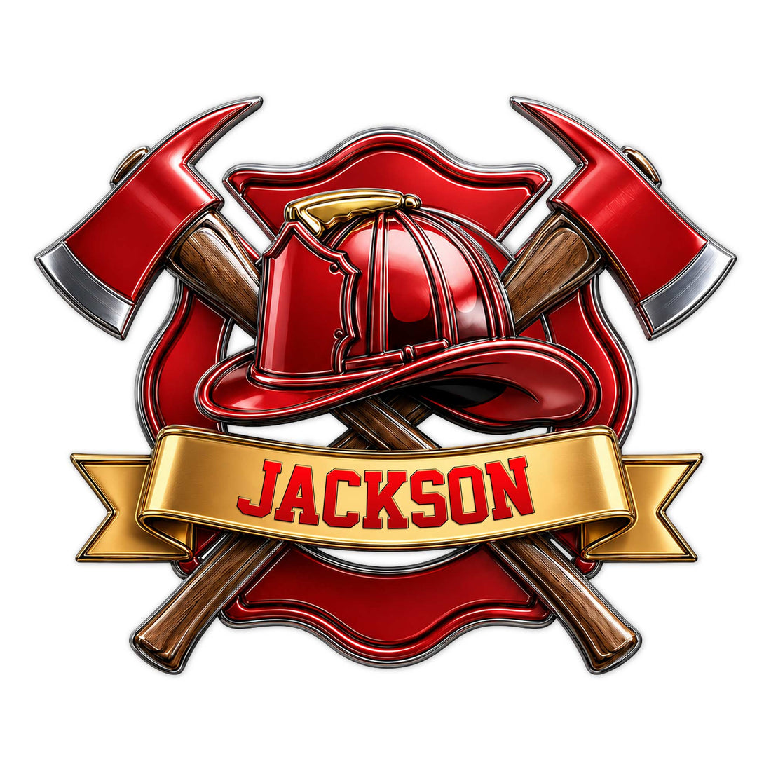 Custom firefighter metal sign featuring a red helmet, crossed axes, Maltese cross, and gold banner