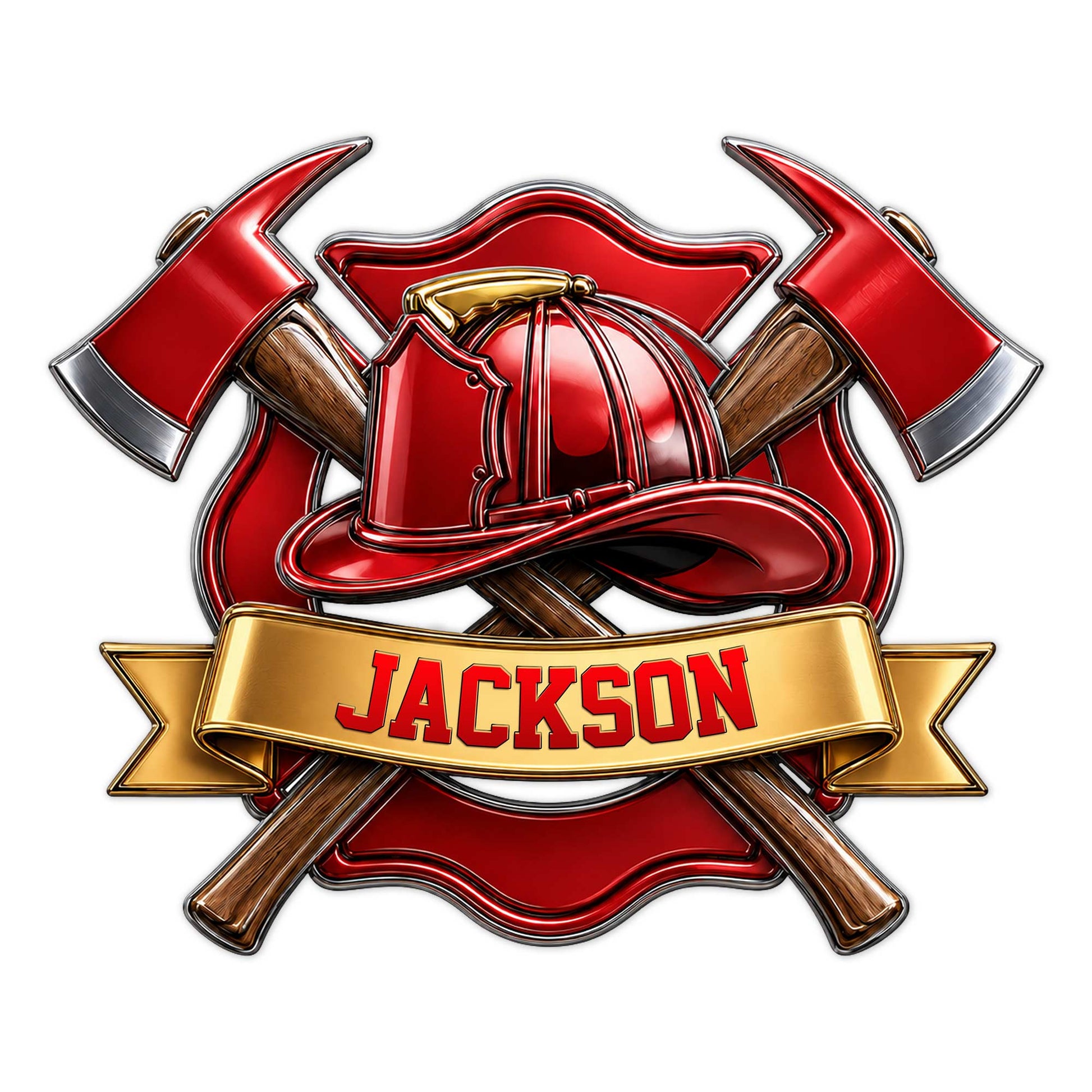 Custom firefighter metal sign featuring a red helmet, crossed axes, Maltese cross, and gold banner