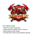Firefighter metal sign feature graphic showing cut-steel construction, protective finish, mounting, and indoor or outdoor use