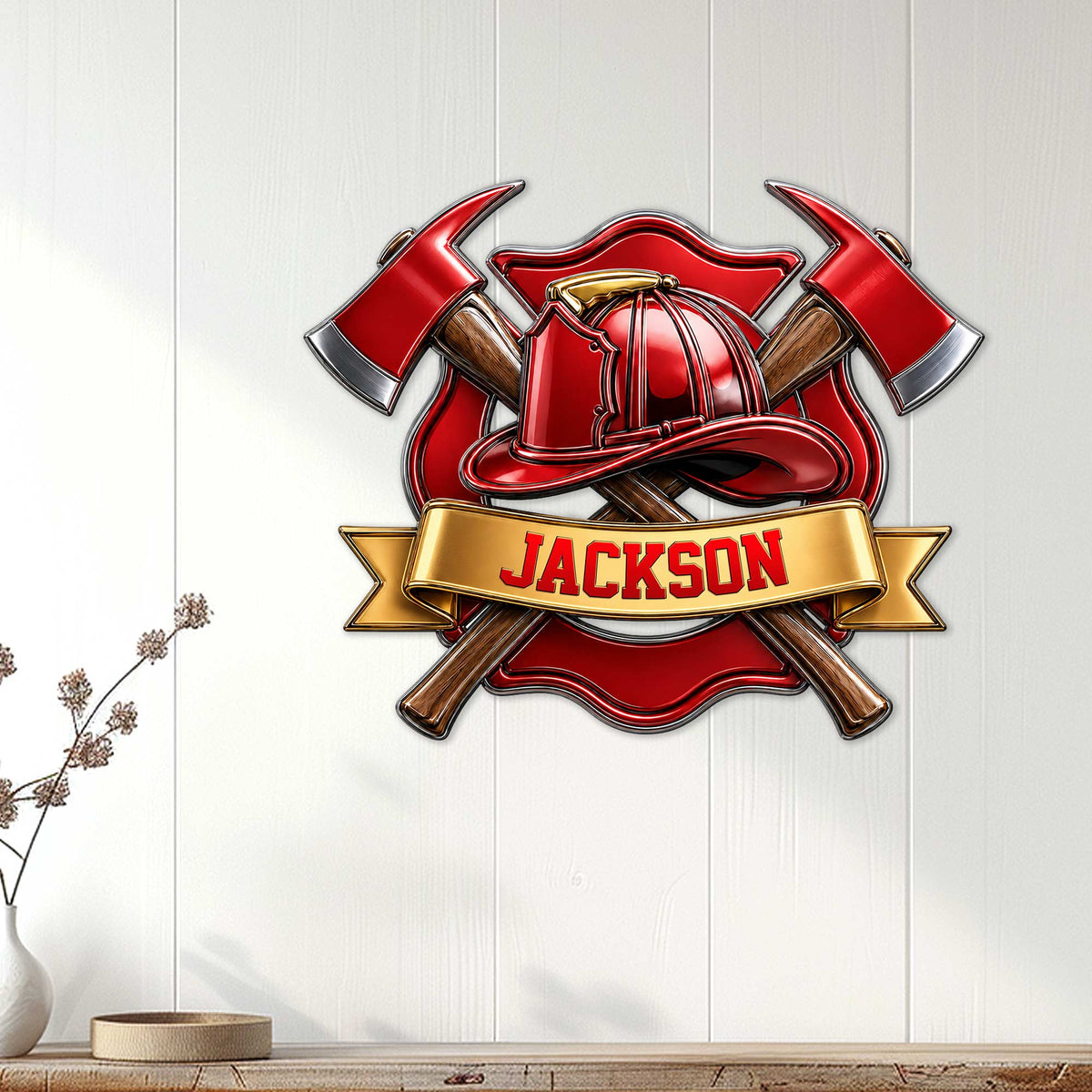 Firefighter wall sign displayed on a light paneled wall above a console, featuring a helmet and crossed axes