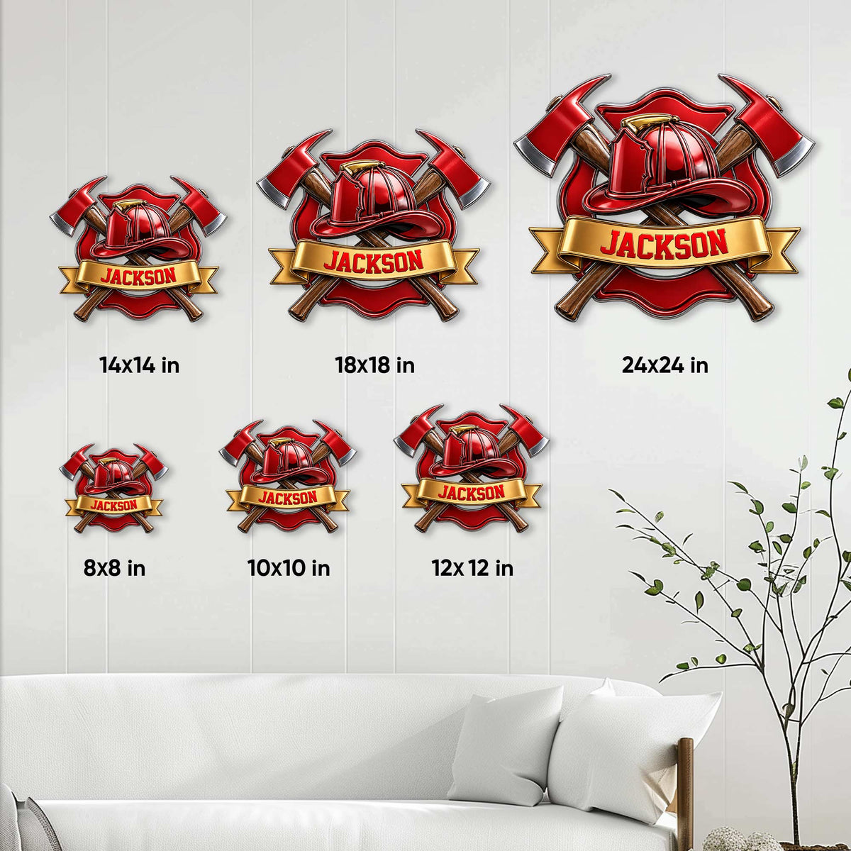 Firefighter metal sign size guide showing available square sizes from 8 by 8 to 24 by 24 inches