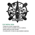 Kayak cut metal sign shown in a product feature infographic with available size options and outdoor decor use