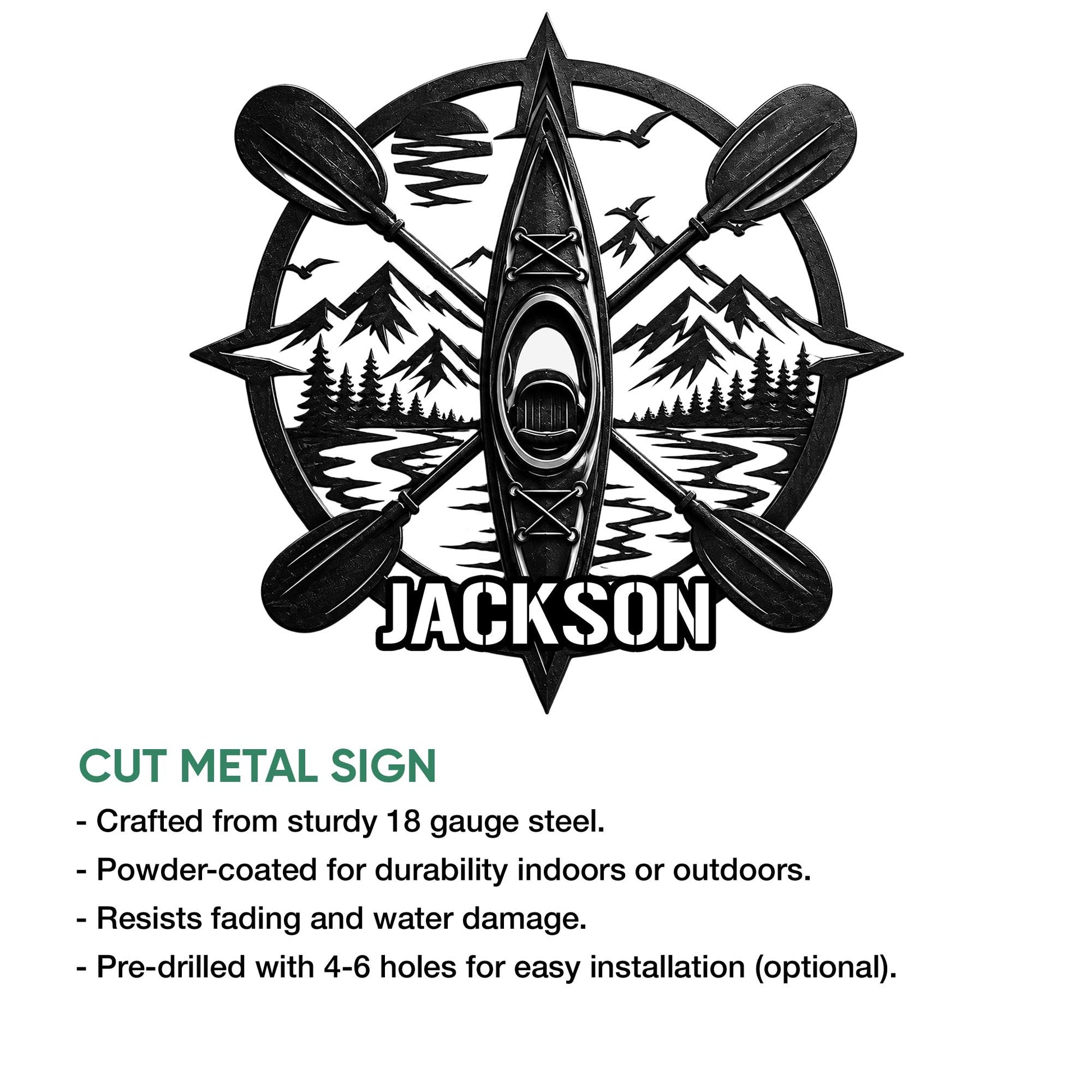 Kayak cut metal sign shown in a product feature infographic with available size options and outdoor decor use