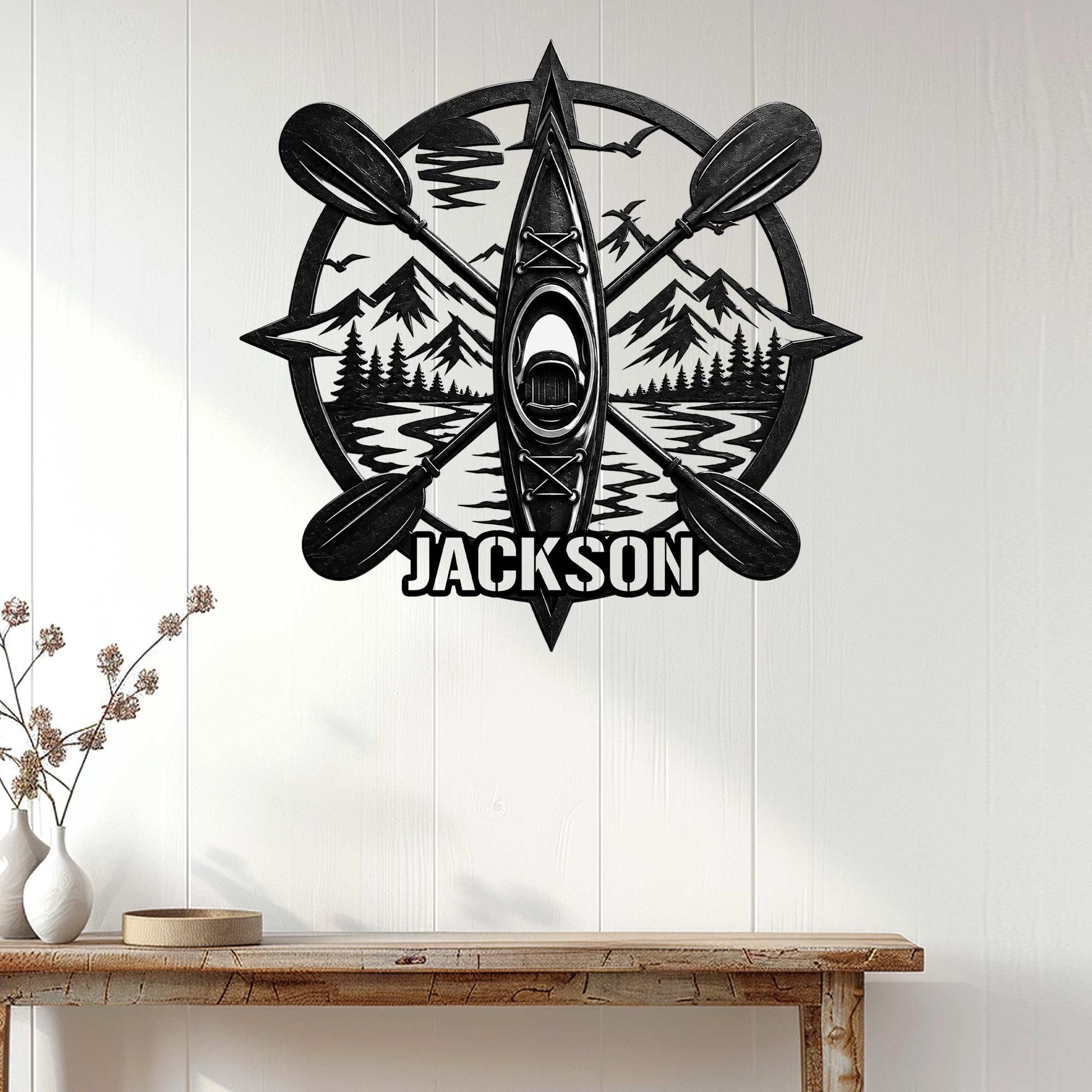 Kayak wall decor displayed on a light wood wall above a console table in a home interior