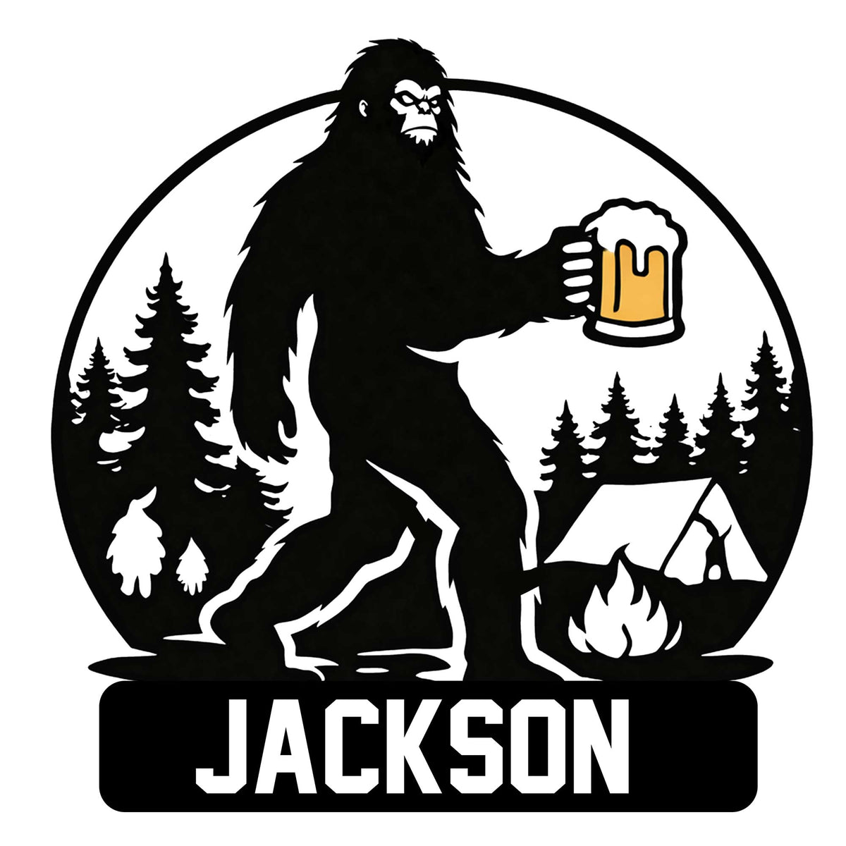 Custom Bigfoot metal sign featuring a forest scene, campfire, tent, and raised beer mug