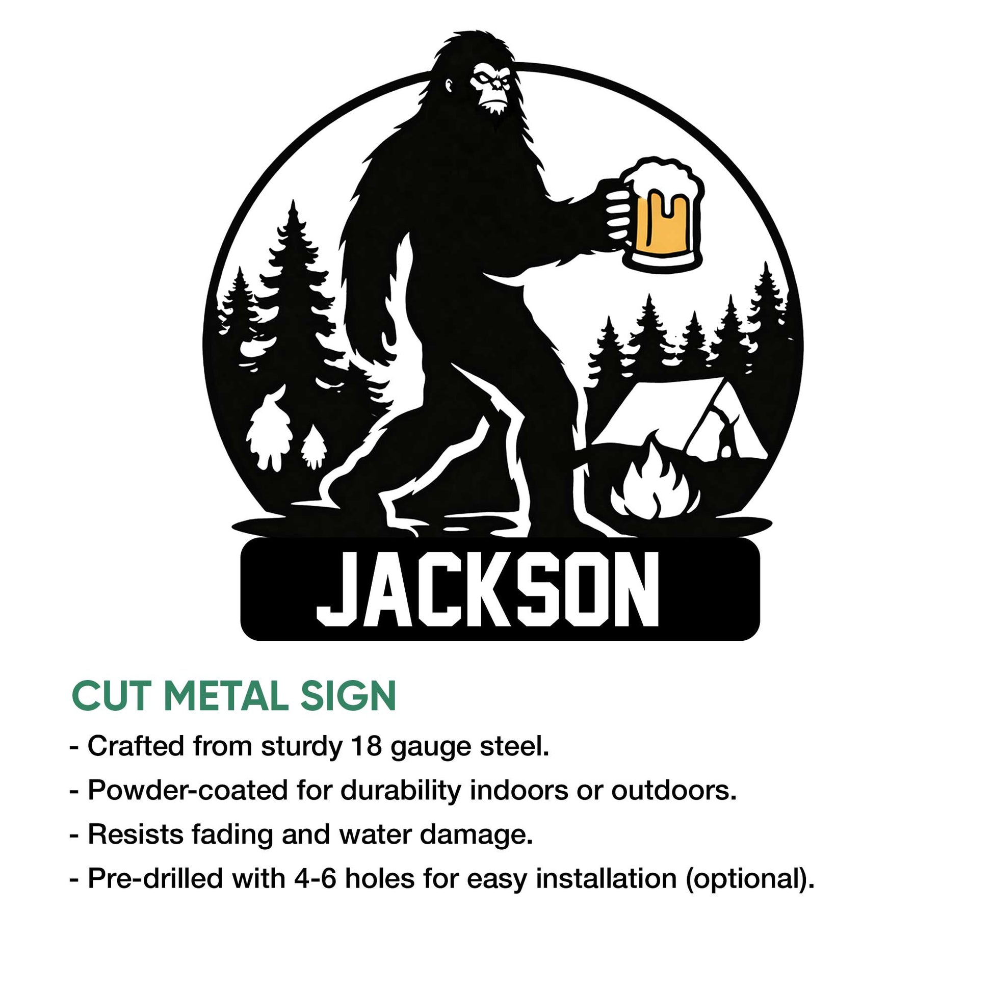 Bigfoot cut metal sign product graphic showing a camping scene with pine trees, tent, fire, and beer mug