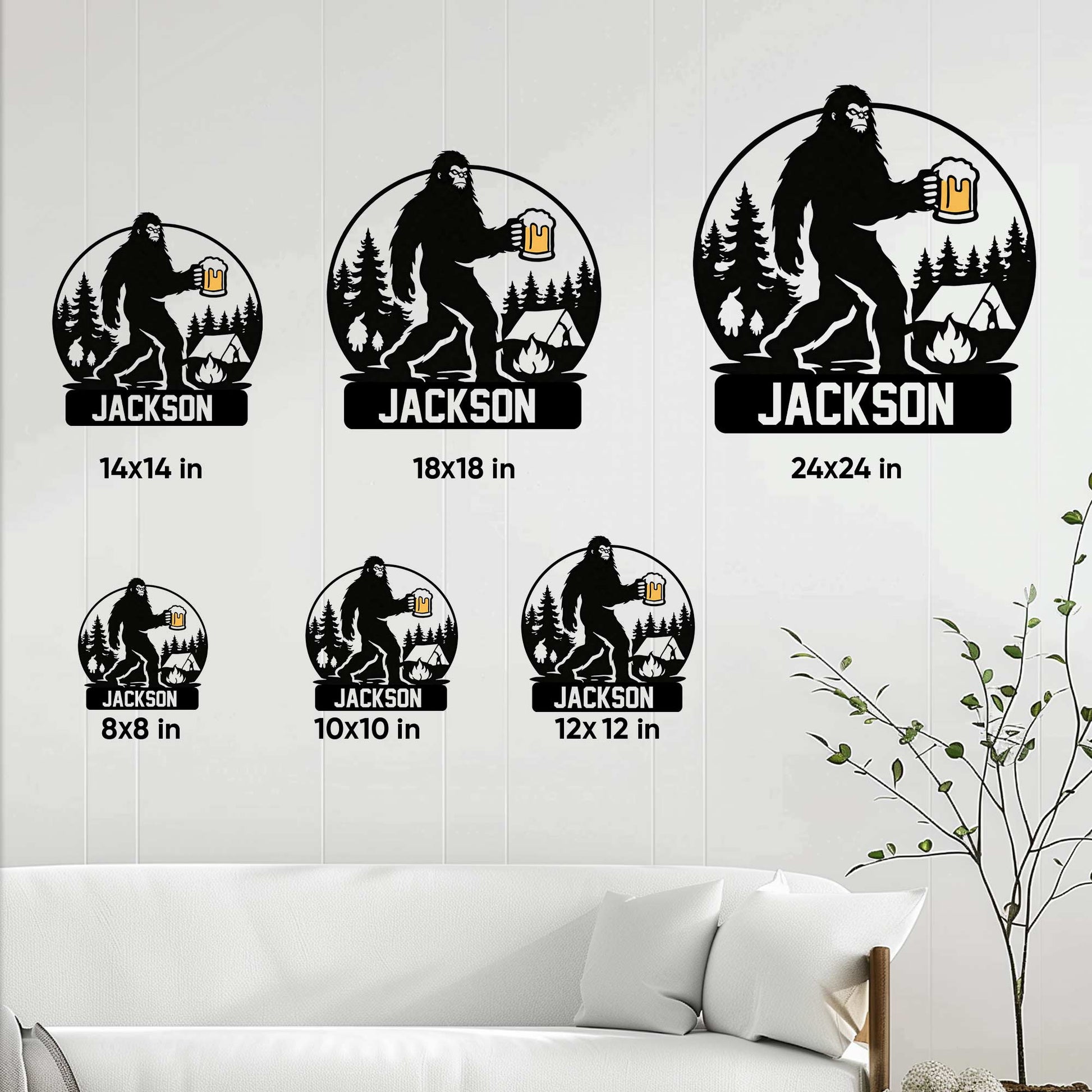 Bigfoot metal sign size guide showing 8x8, 10x10, 12x12, 14x14, 18x18, and 24x24 inch options