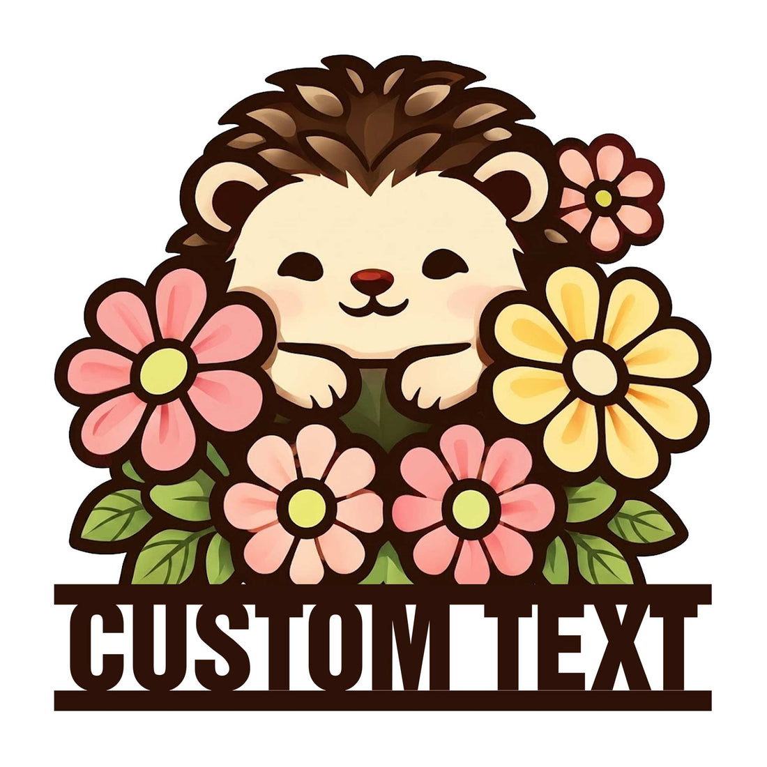 Floral hedgehog metal sign featuring a cheerful animal surrounded by colorful flowers and green leaves