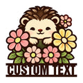Floral hedgehog metal sign featuring a cheerful animal surrounded by colorful flowers and green leaves