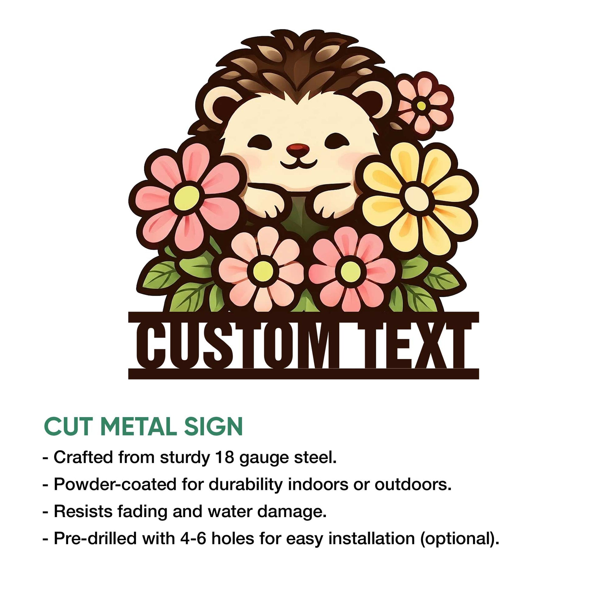 Hedgehog metal sign with a flower-filled design, shown as a decorative cut metal wall accent