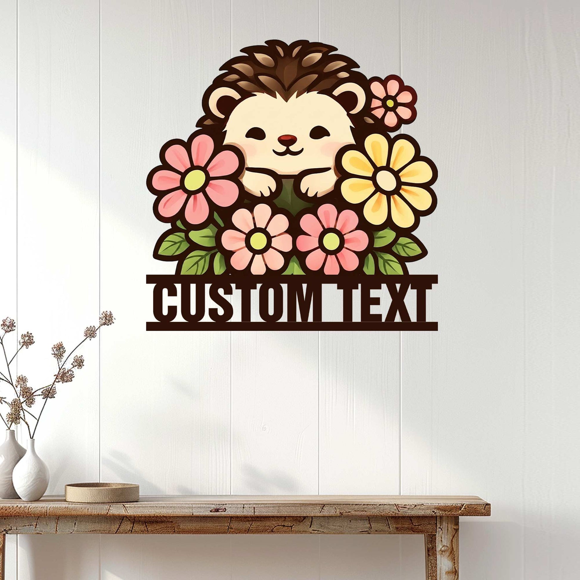 Floral hedgehog wall sign displayed on white paneling above a wooden console table