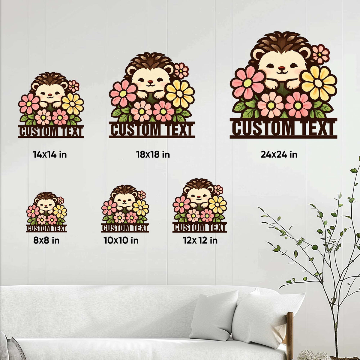 Hedgehog metal sign size guide showing multiple square size options in a bright living room setting