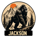 Gorilla metal sign featuring a powerful gorilla in a mountain wilderness with pine trees and a sunset