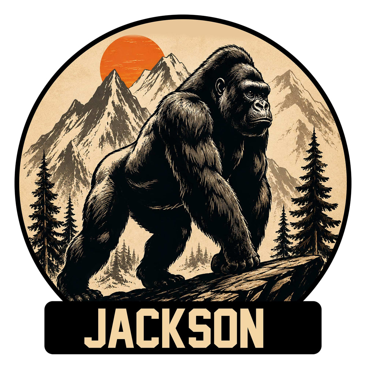 Gorilla metal sign featuring a powerful gorilla in a mountain wilderness with pine trees and a sunset