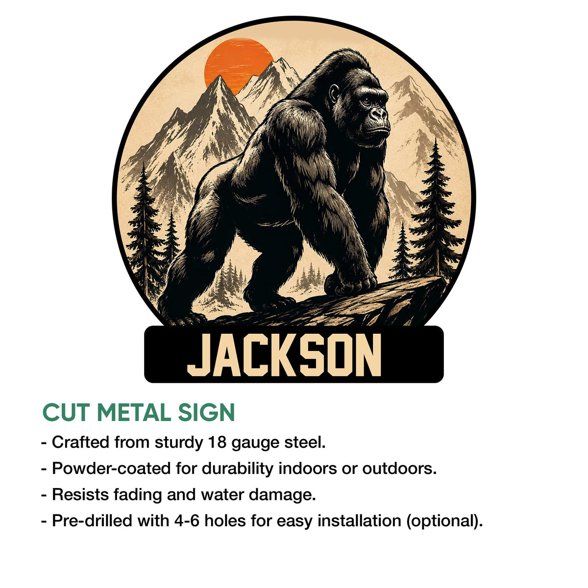 Gorilla cut metal sign shown with a rugged mountain wildlife design and product feature information