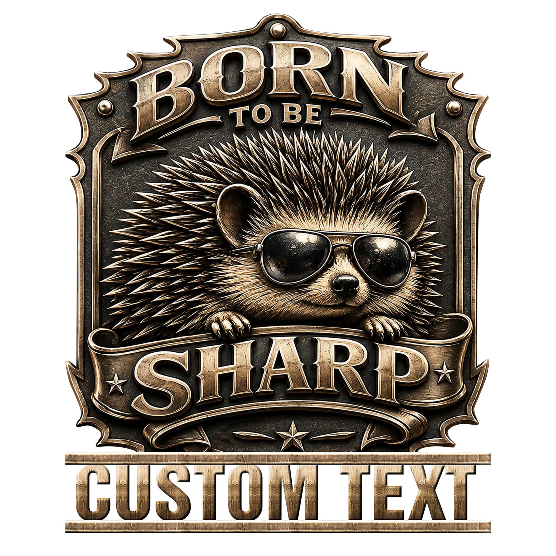 Custom hedgehog metal sign featuring a cool hedgehog in sunglasses and bold vintage-style detailing