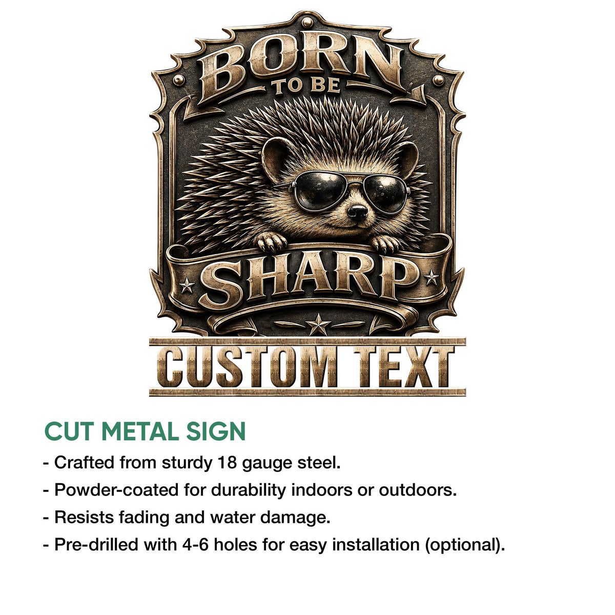 Hedgehog metal sign product graphic showing the detailed cut-metal artwork and decorative wall sign design