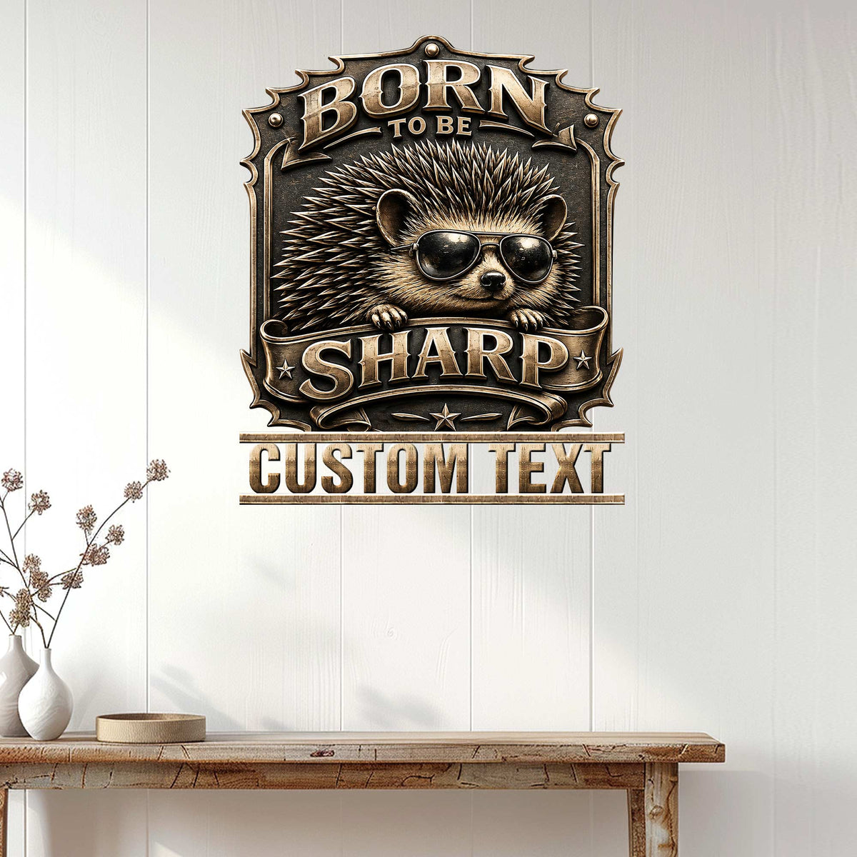 Hedgehog wall sign displayed on a light paneled wall above a console table in a modern home