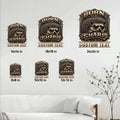 Hedgehog metal sign size guide showing six available square size options in a living room setting