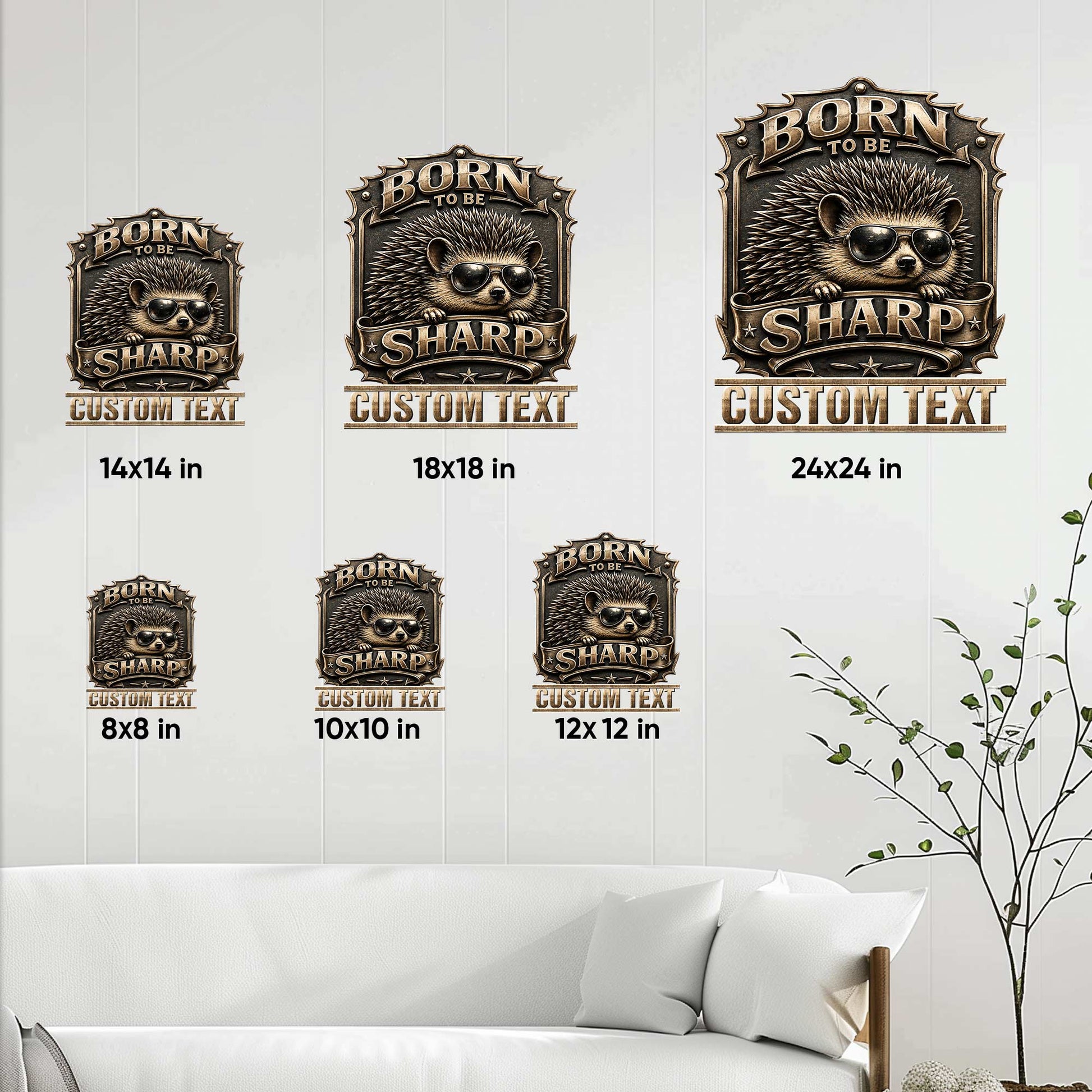 Hedgehog metal sign size guide showing six available square size options in a living room setting