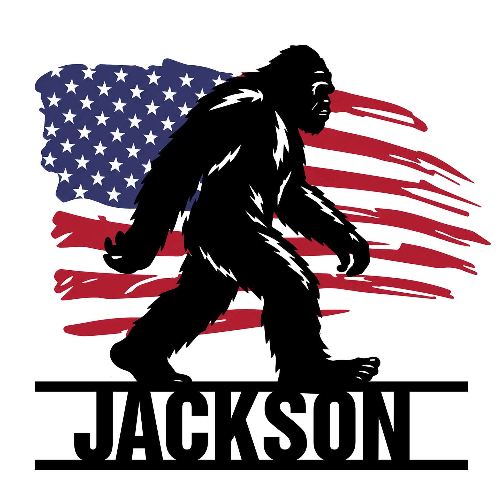Bigfoot metal sign featuring a bold walking Sasquatch silhouette over a distressed American flag design