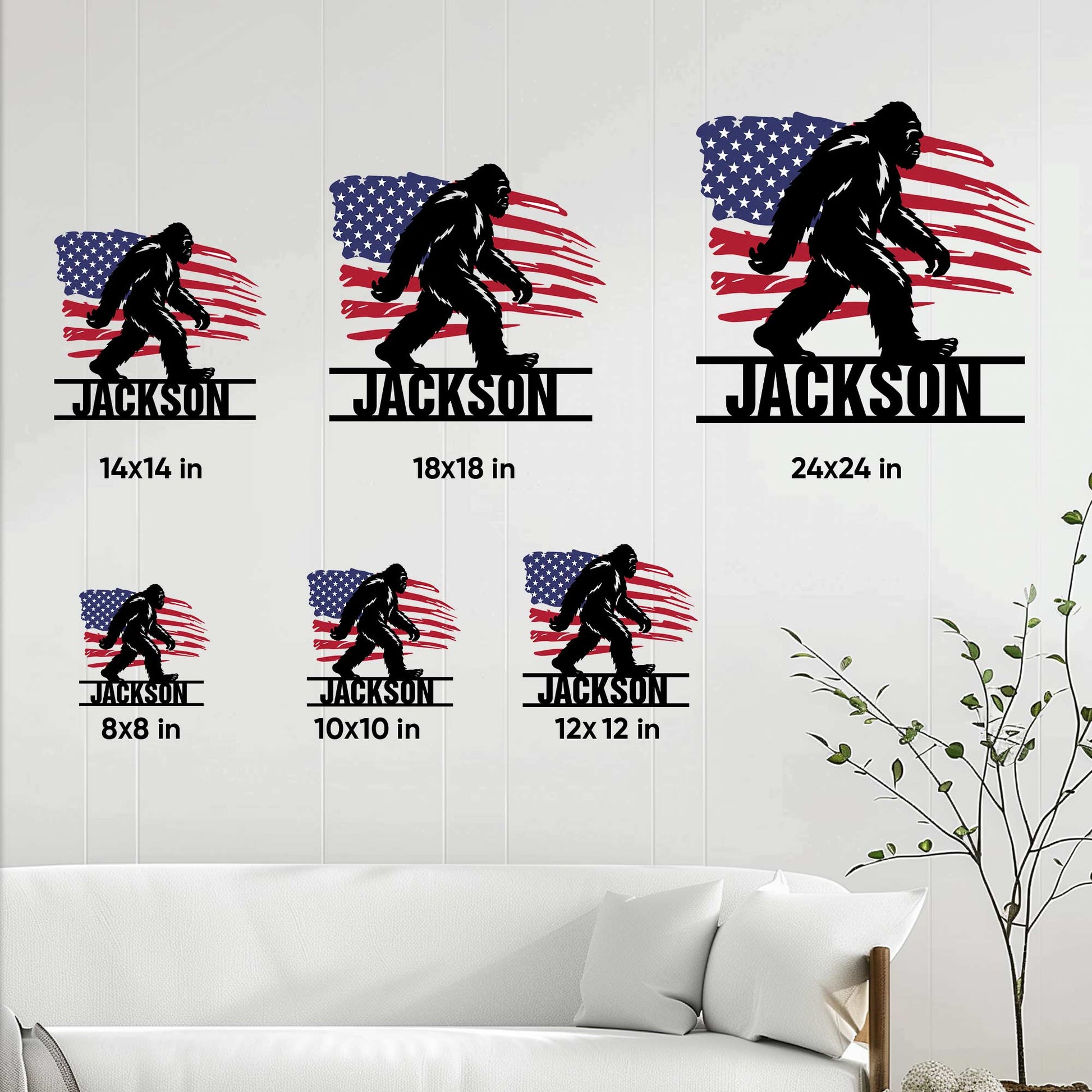 Bigfoot metal sign size guide showing multiple square size options styled on a living room wall