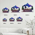 Hiking mountain metal sign shown in multiple size options on a living room wall