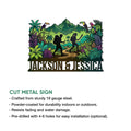Tropical trekking metal sign shown with a cut-metal feature overview and vibrant jungle hiking artwork