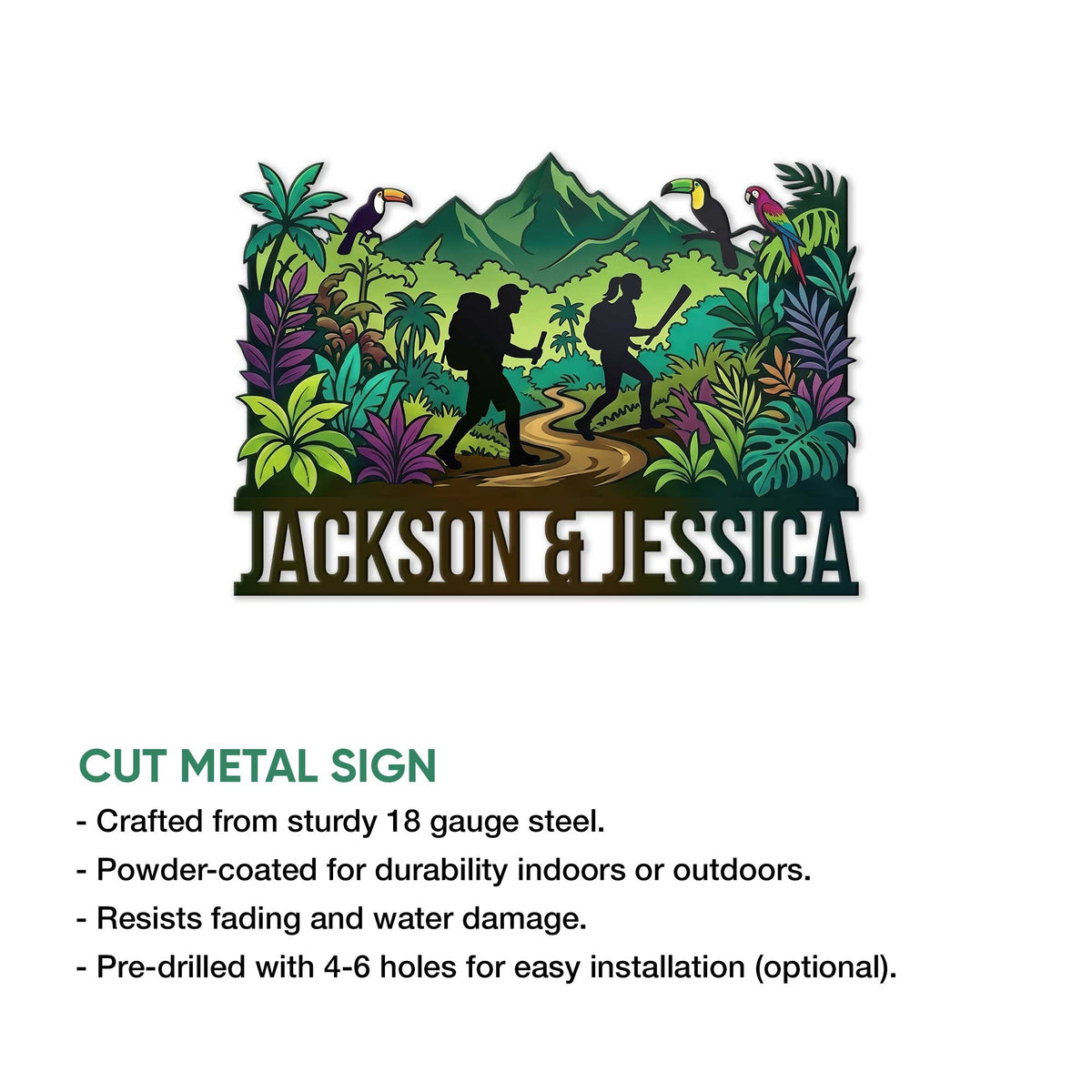 Tropical trekking metal sign shown with a cut-metal feature overview and vibrant jungle hiking artwork
