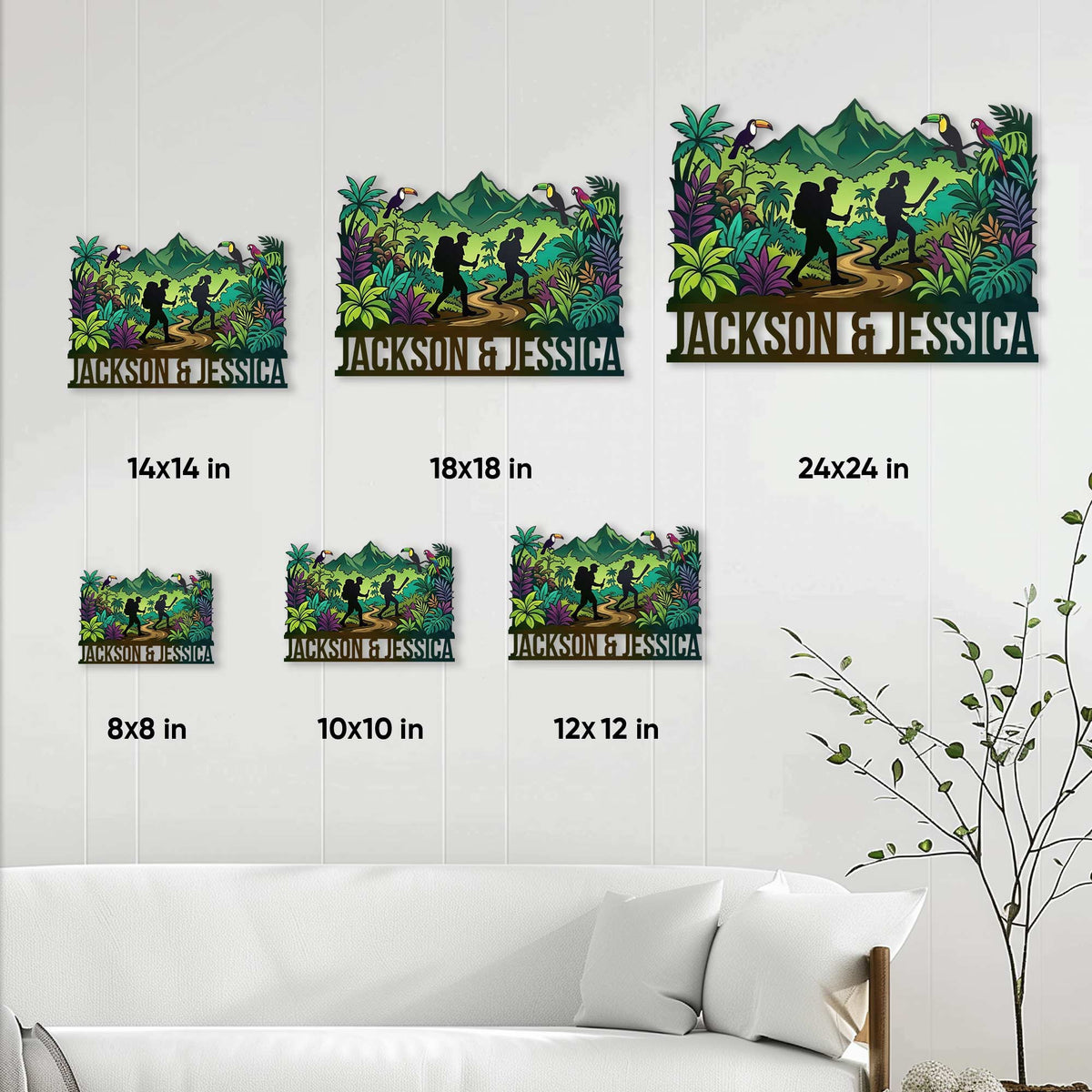 Trekking metal sign size guide showing available square sizes from 8x8 to 24x24 inches