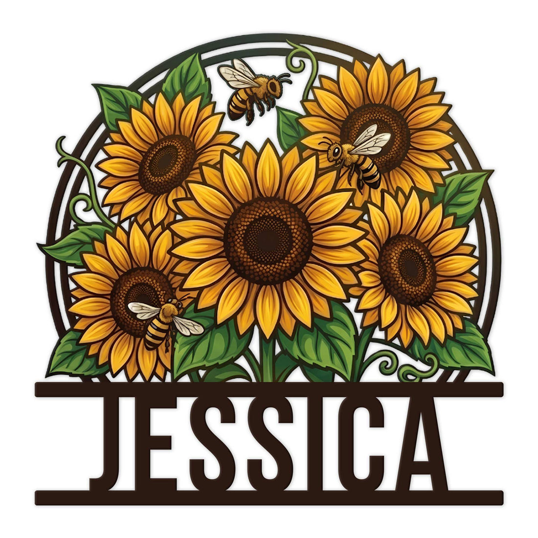 Custom sunflower metal sign featuring a colorful bouquet of sunflowers, green leaves, and buzzing bees