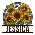 Custom sunflower metal sign featuring a colorful bouquet of sunflowers, green leaves, and buzzing bees
