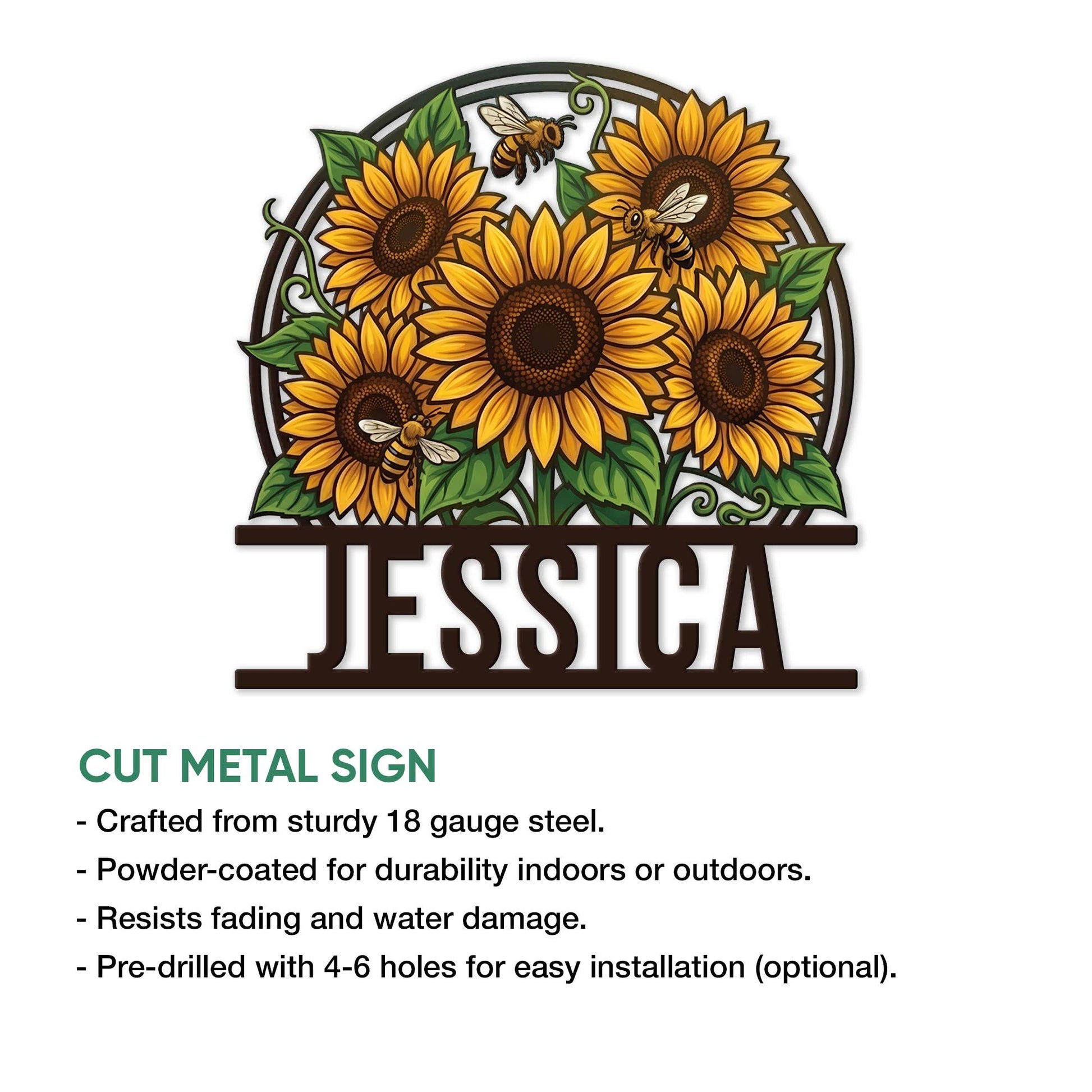 Sunflower metal wall sign shown in a product graphic with a bright floral bouquet and decorative bee accents