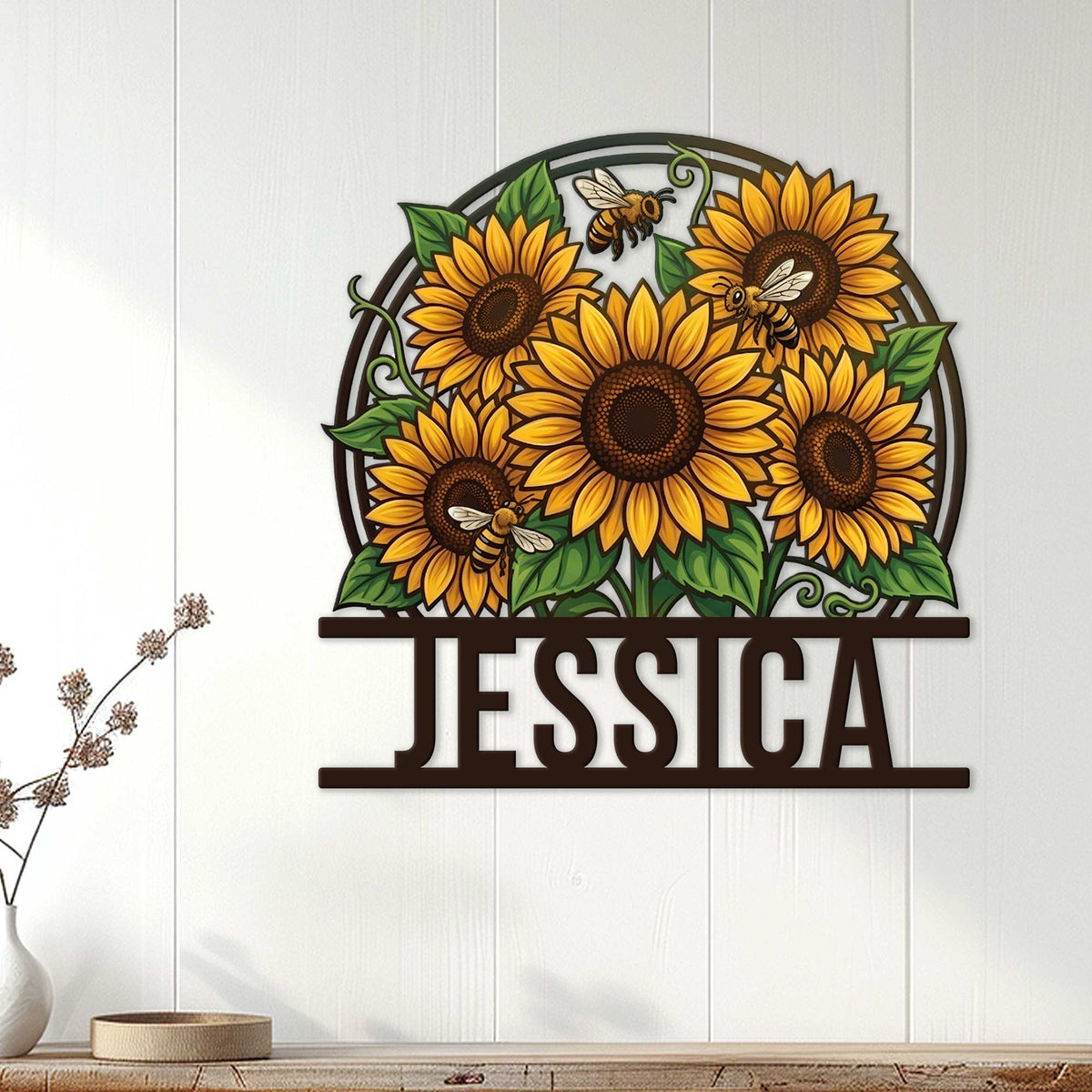 Sunflower floral metal sign displayed on a white paneled wall above a wooden console