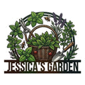Custom garden metal sign featuring a woven basket of leafy herbs, pruning shears, hand trowel, bees, and ladybugs