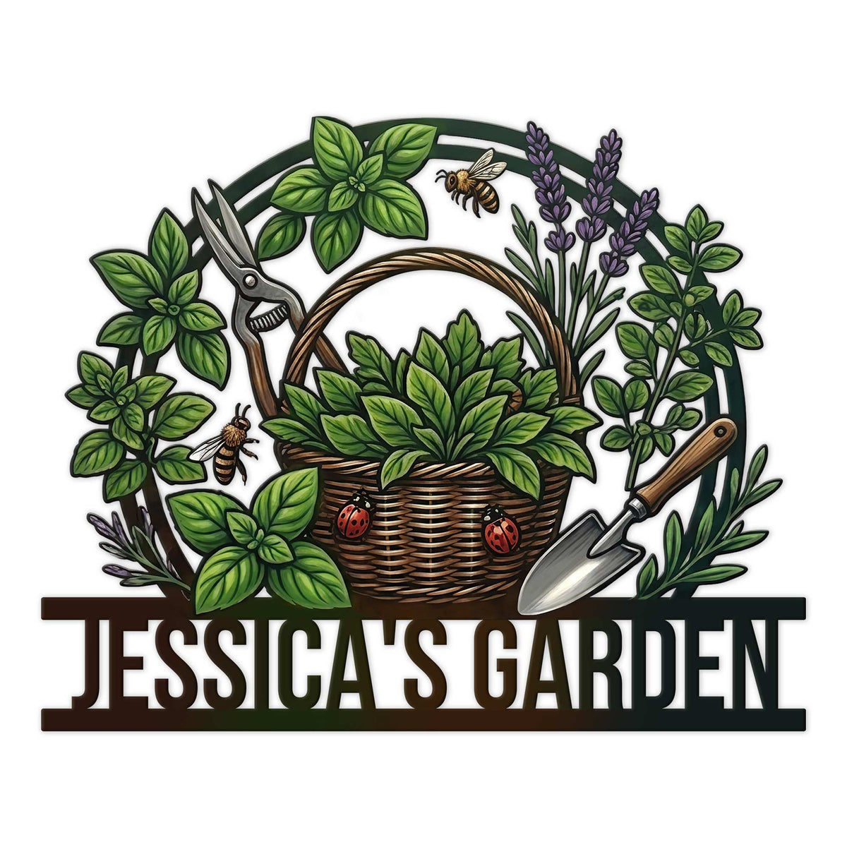 Custom garden metal sign featuring a woven basket of leafy herbs, pruning shears, hand trowel, bees, and ladybugs
