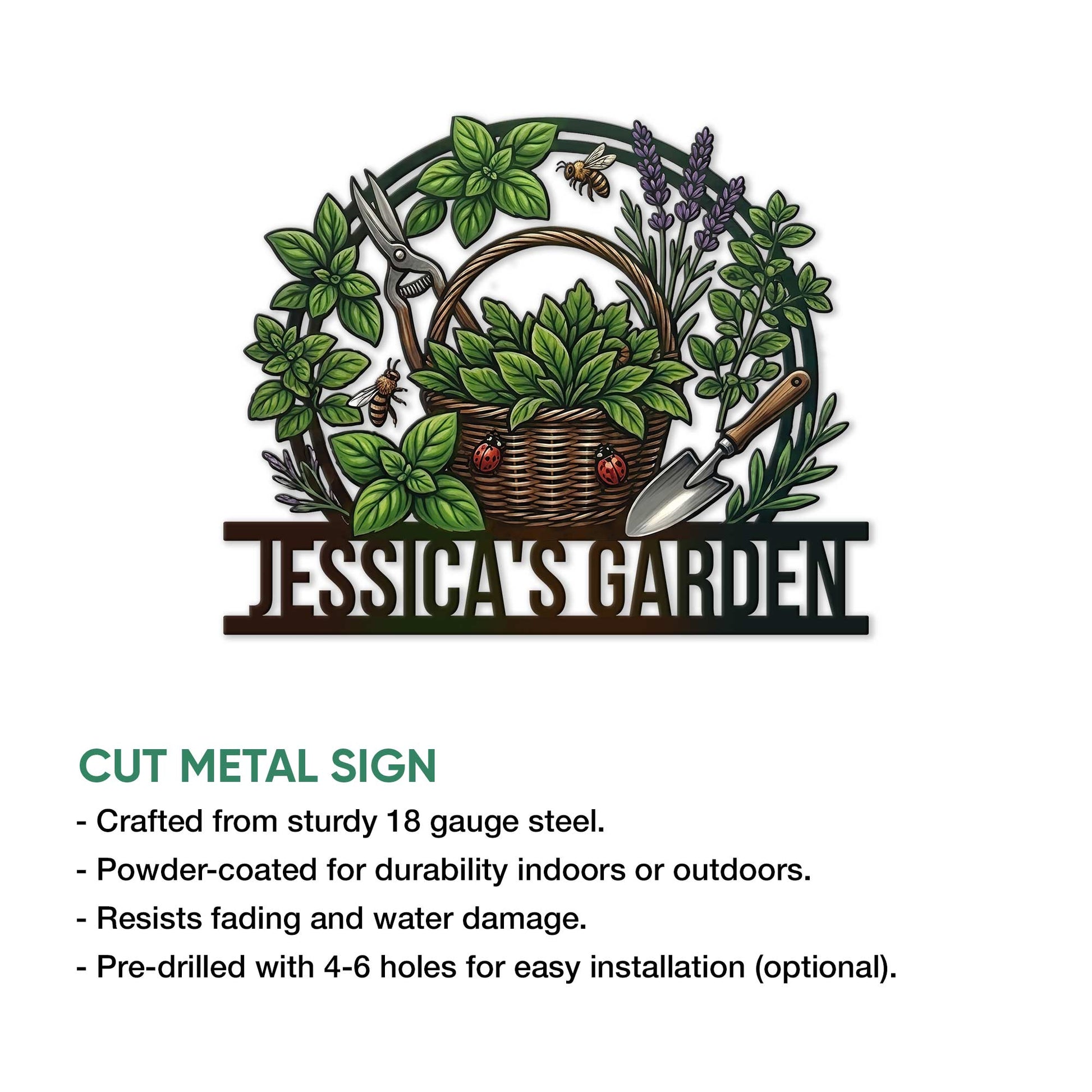 Garden metal sign product graphic showing a colorful herb basket design with gardening tools and cut metal sign details
