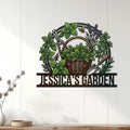Garden metal sign displayed on a white paneled wall, featuring herbs, gardening tools, bees, and a woven planter basket