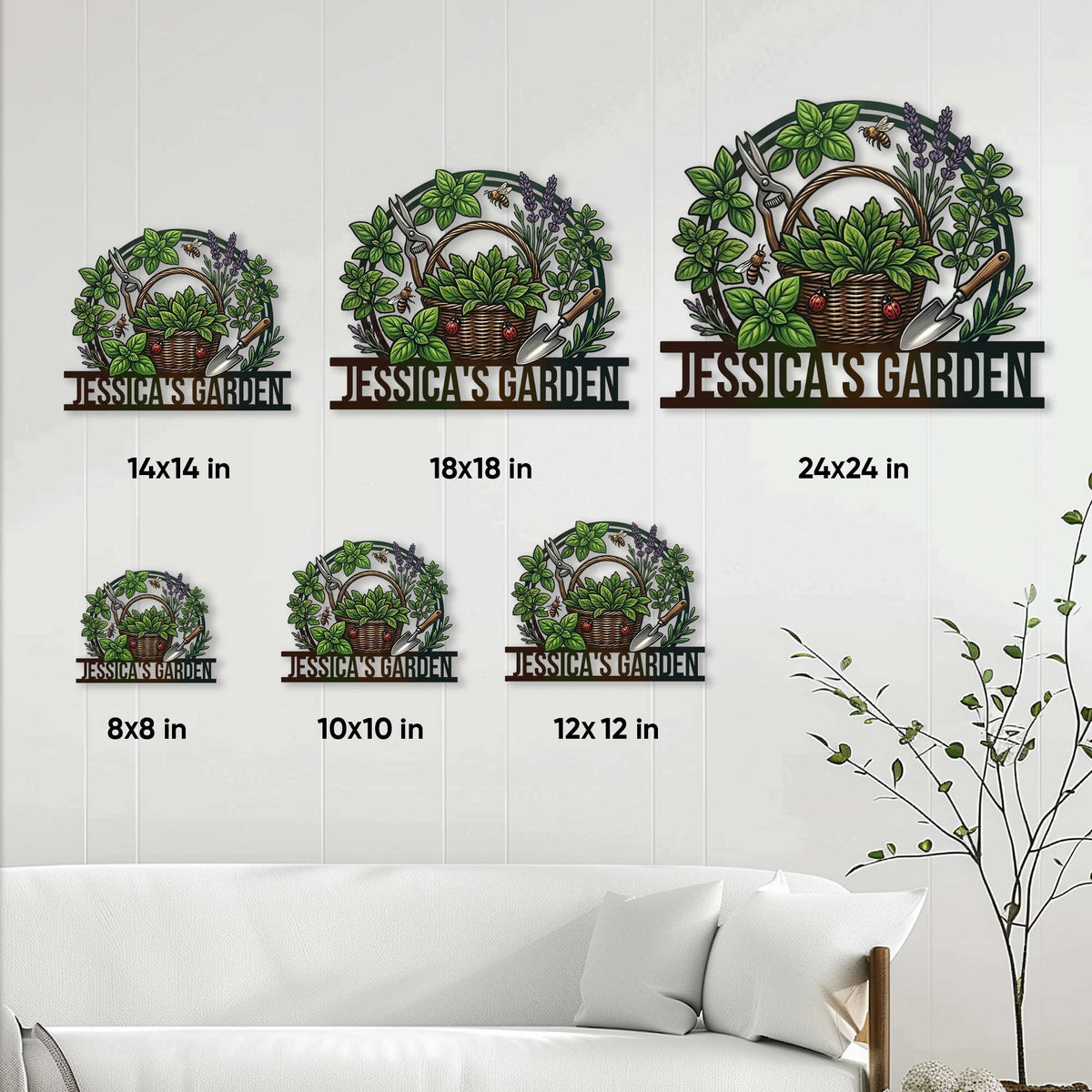 Garden metal sign size guide showing six square options ranging from 8 by 8 inches to 24 by 24 inches
