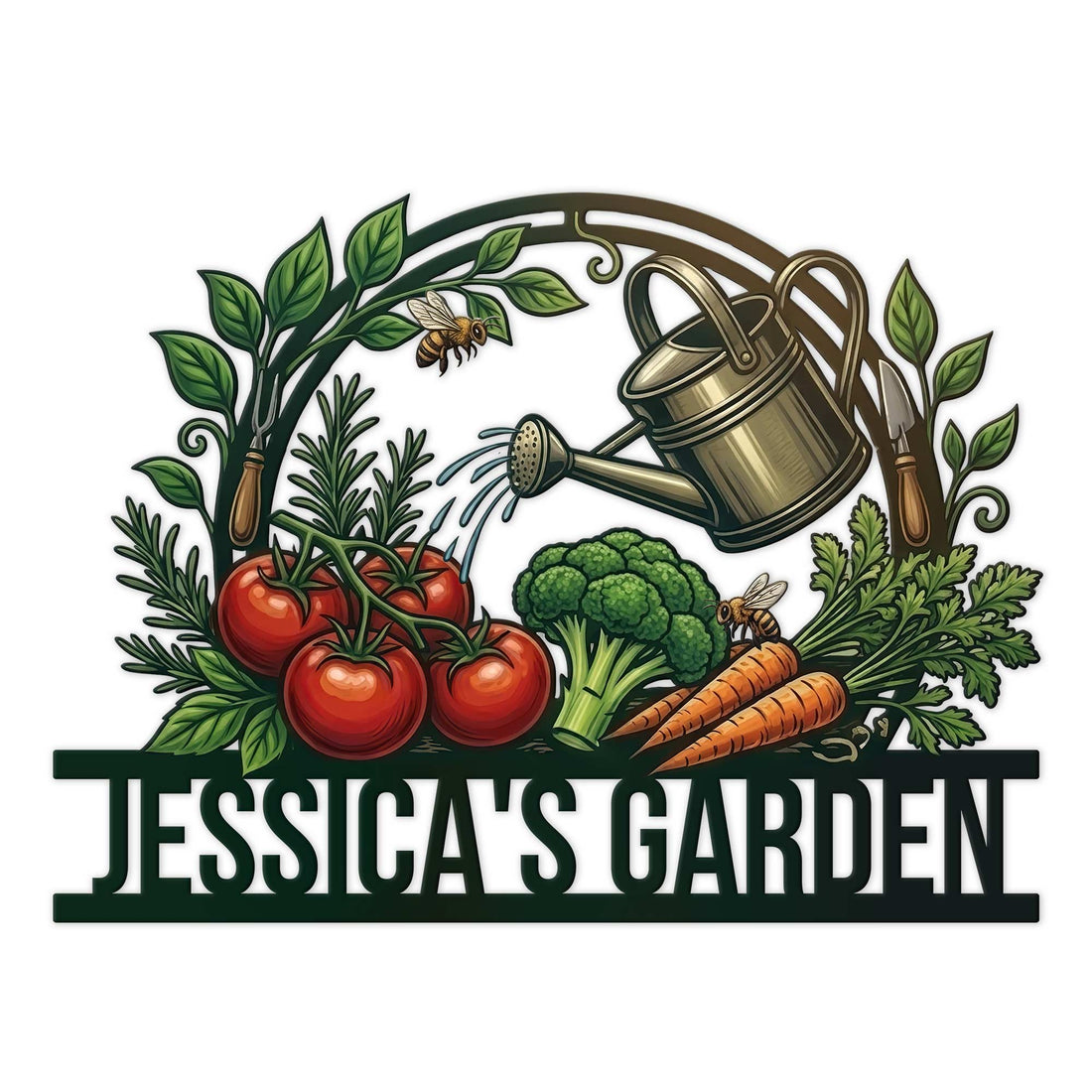 Custom garden metal sign featuring a watering can, leafy vegetables, tomatoes, carrots, broccoli, and bees